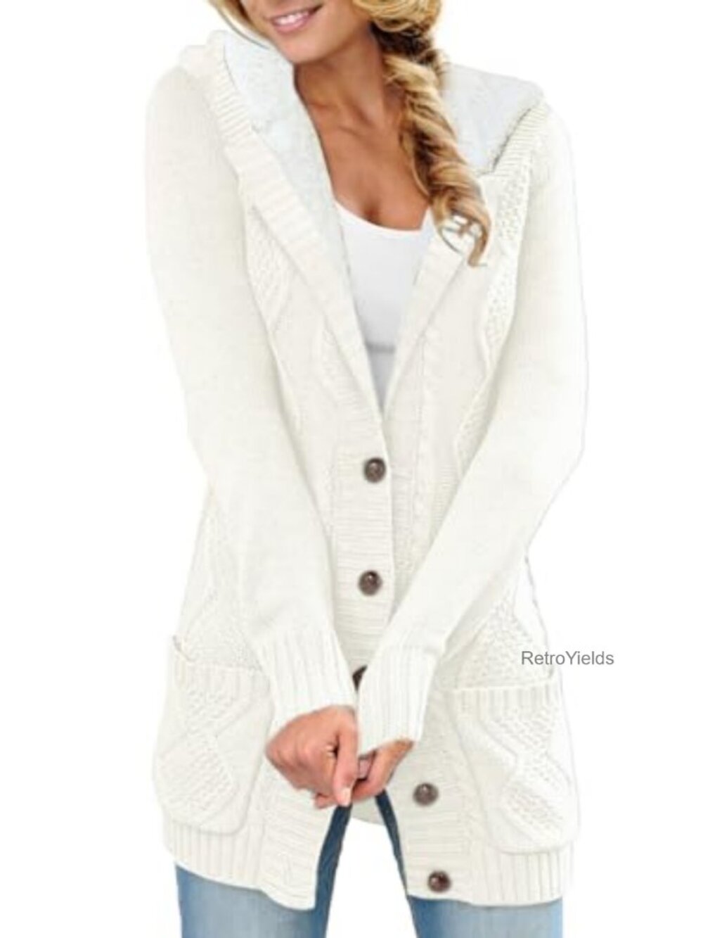Cable Knit Fleece Lined Hood Cardigan Sweater Button Front Pockets